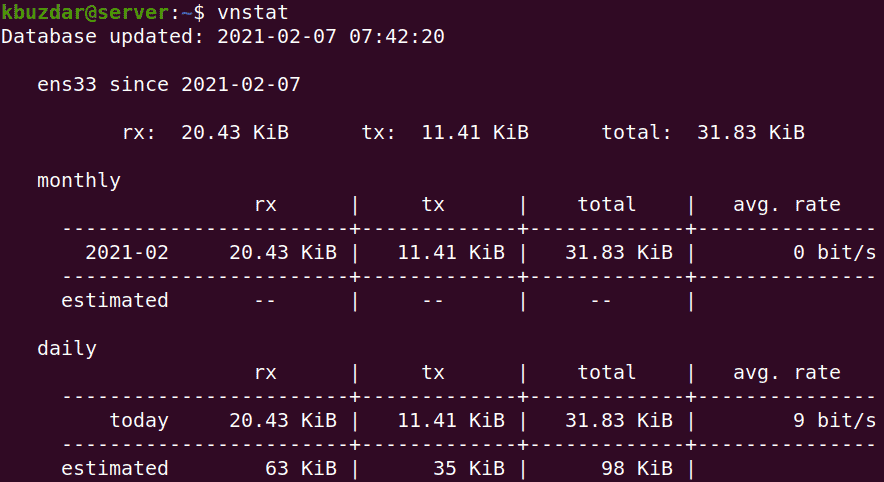 vnstat command output